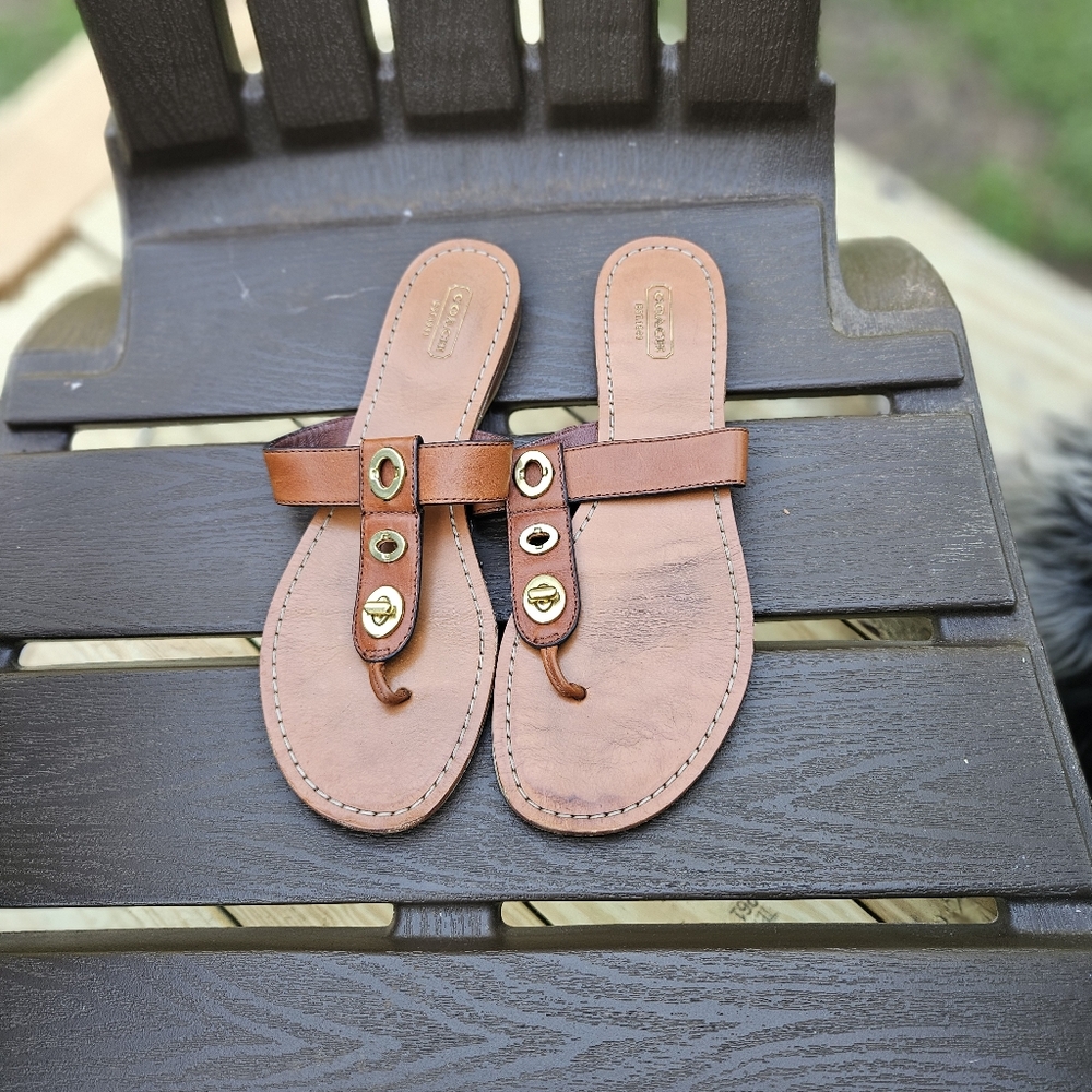 Coach Brown Leather Thong Flat Sandals W/Gold Rivets Size 10
